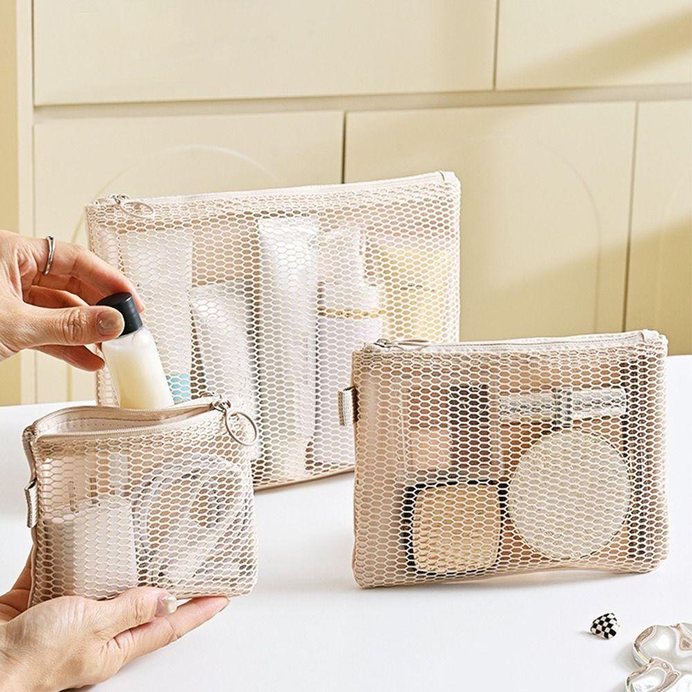 Multi-purpose Storage Bag Beige Mesh Material Mesh Storage Pouch Lightweight Design Zipper Closure Coin Purse Sundries Storage