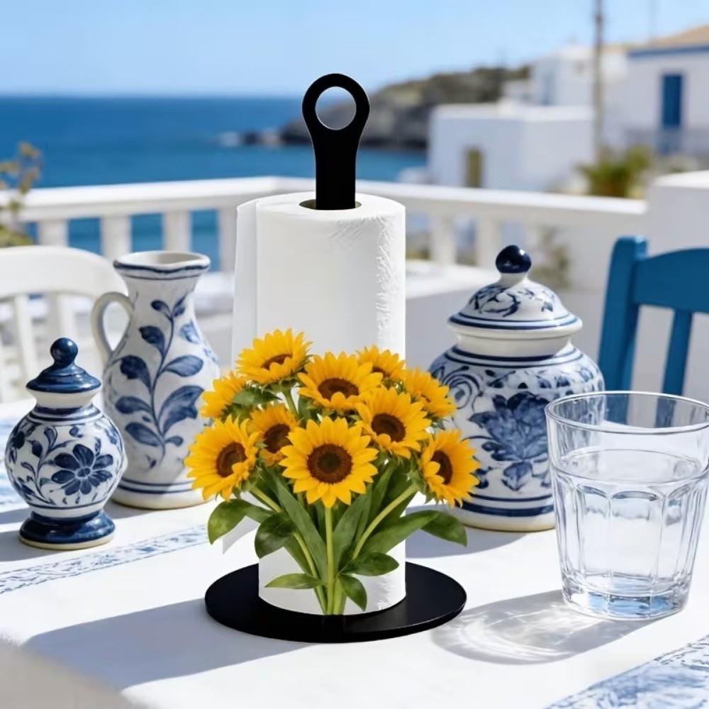 2D Flat Acrylic Roll Paper Towel Holder Sunflower Floral Wooden Base Vertical Napkins Rack Decorative Freestanding