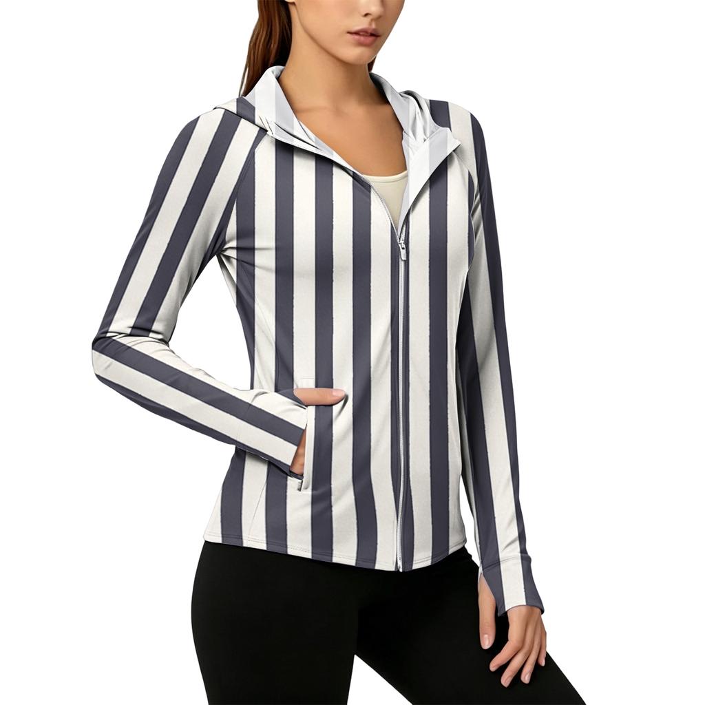 Women's Lightweight Zip Up Hoodie with Hood and Pockets Long Sleeve Striped Sun Protection Jacket for Outdoor Activities