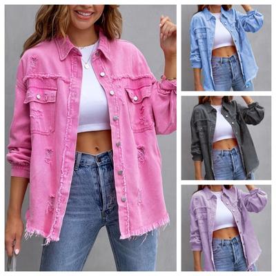 Women's Fashion Ripped Denim Women's Autumn and Winter Long-sleeved Casual Lapel Top Jacket