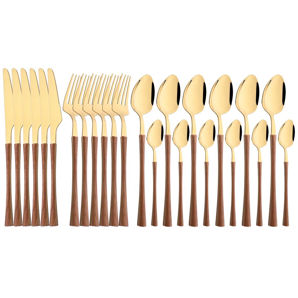 High Quality Black Gold Stainless Steel Dinnerware New Imitation Wood Handle Cutlery Set Knife Fork Coffee Spoon Tableware Kitchen Silverware