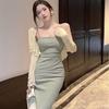 Elegant French Gentle Dress Set: Spaghetti Strap Hip-Wrapping Long Dress with Short Coat.