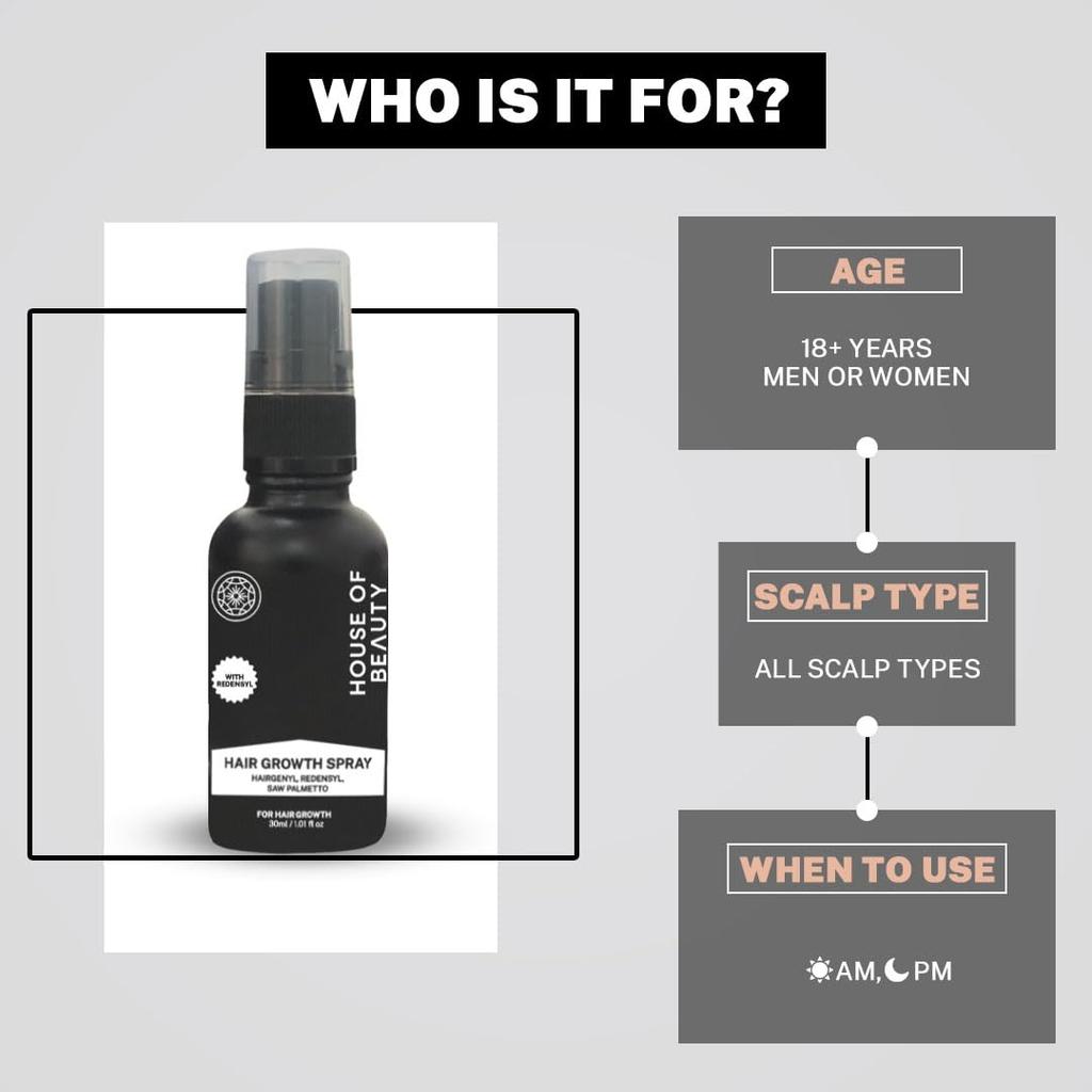 House of Beauty Hair Growth Spray, Water-Based Formula for Hair Strength & Growth (30ml)