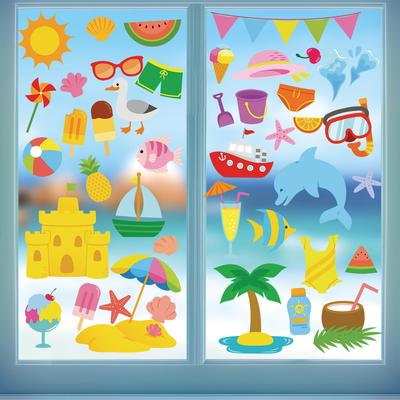 2026 Summer New Beach Seaside Scenery Static Cling Window Stickers, Sunset Palm Tree Tropical Decals for Home Glass Decoration