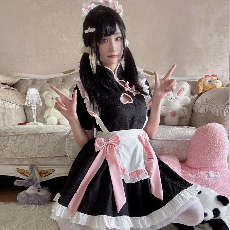 Chinese Style Maid Outfit Cosplay New Chinese Cheongsam Hollow Dress Cute Maid Uniform Set