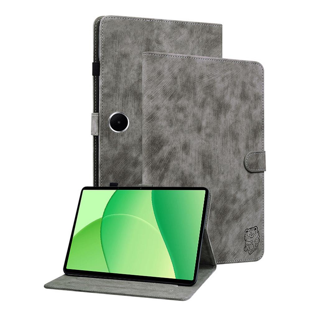 

For Oppo Pad SE Case Tiger Imprint Anti-Scratch PU Leather Tablet Cover Grey