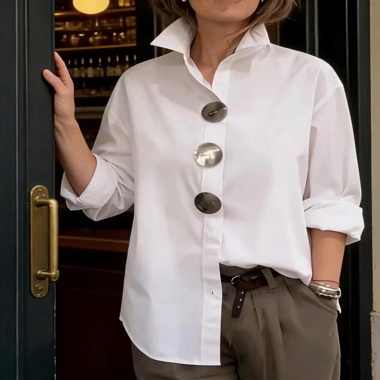 

Spring and summer new solid color stand-up collar metal button long-sleeve shirt top for women S белый