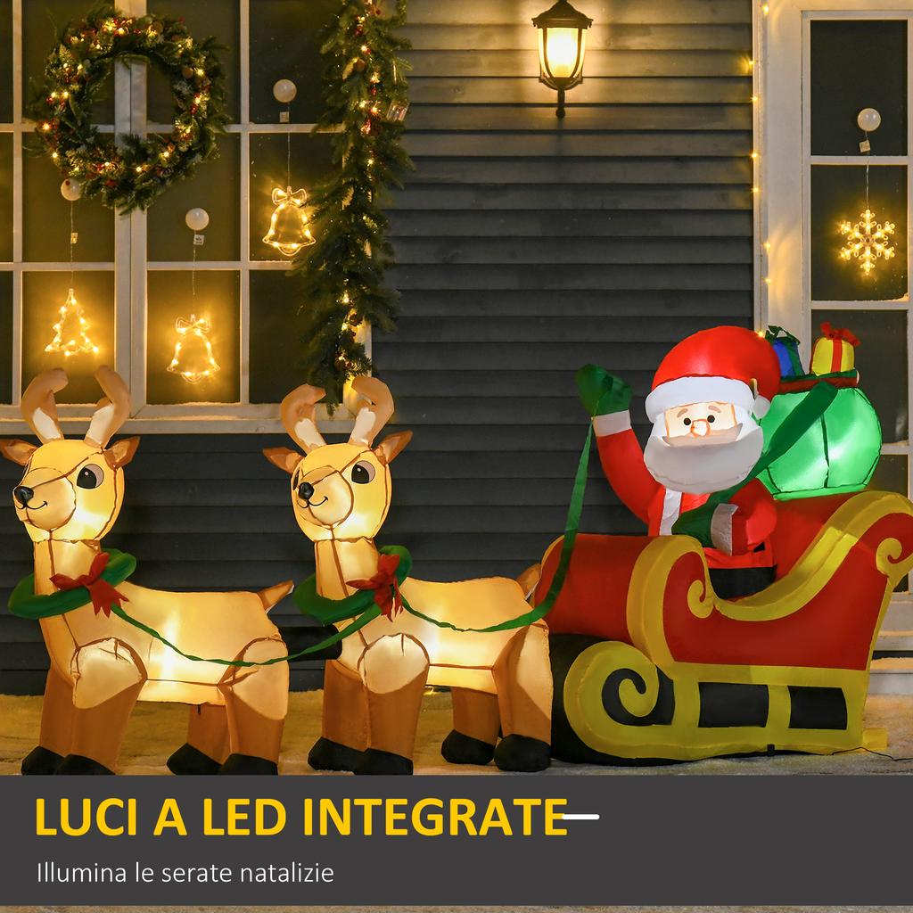 Inflatable Santa Claus with Sleigh and 2 Reindeer, Waterproof Polyester Fabric Christmas Decorations with LED Lights 240x57x112cm