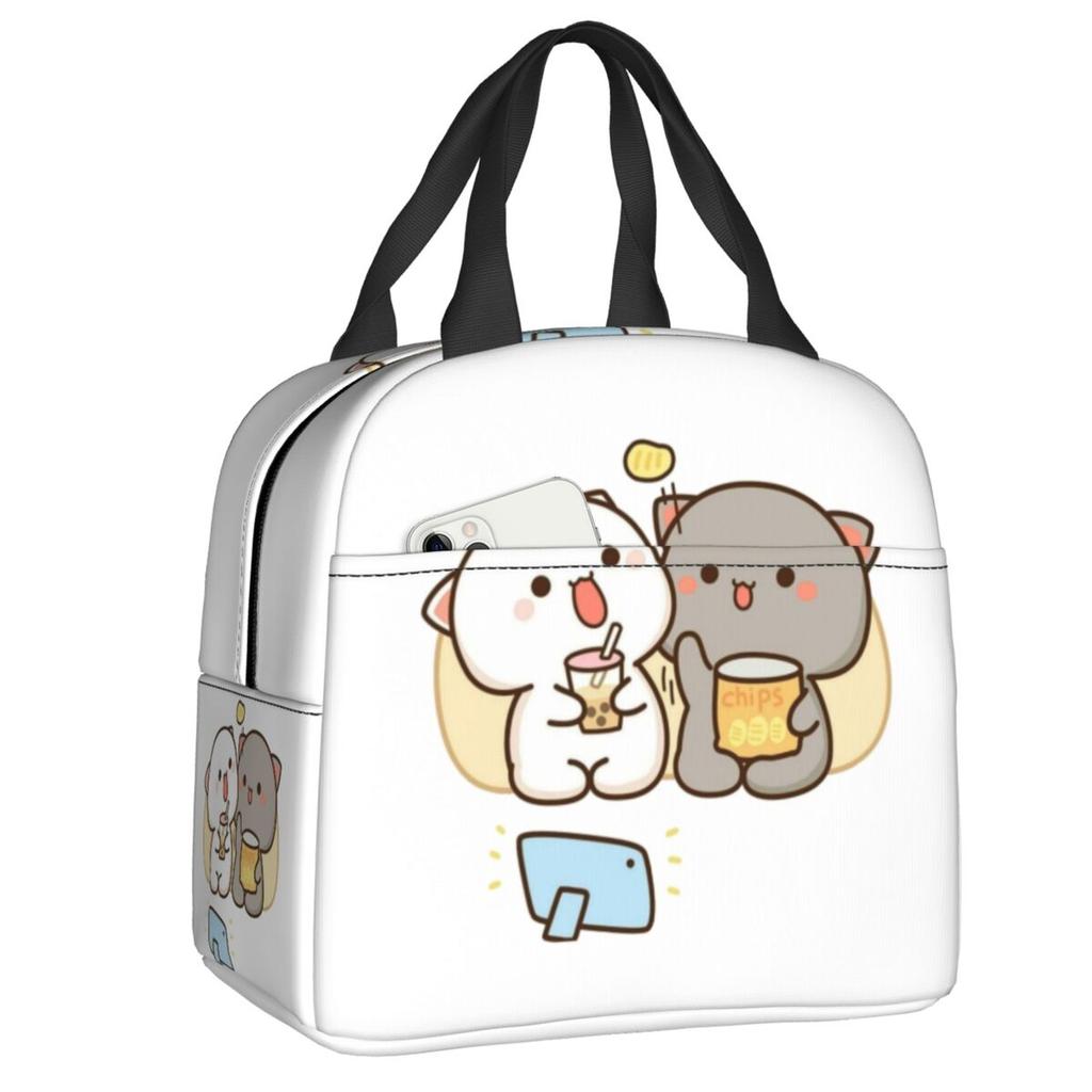 Custom Peach And Goma Mochi Cat Cuddling Thermal Insulated Lunch Bags Women Resuable Lunch Tote for School Storage Food Box