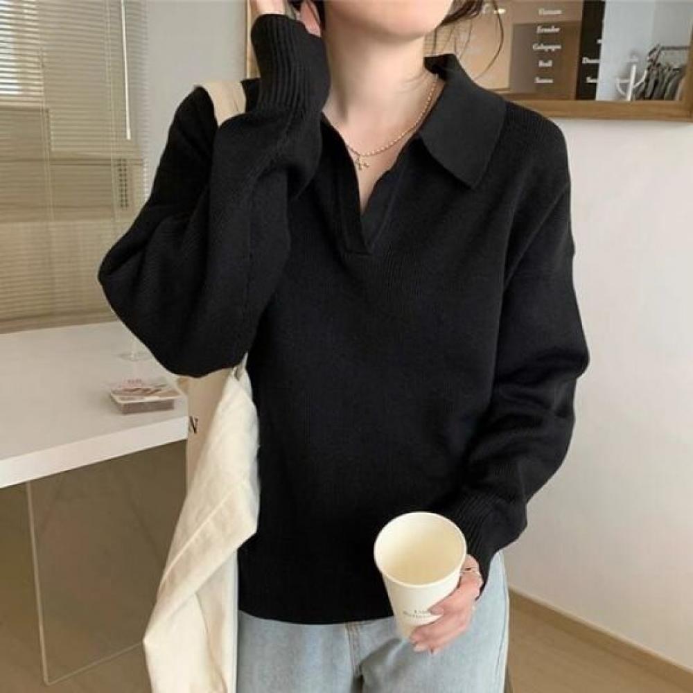 Navava Women Basic Ribbed Collar Long Sleeve Knit Tee Nk3227