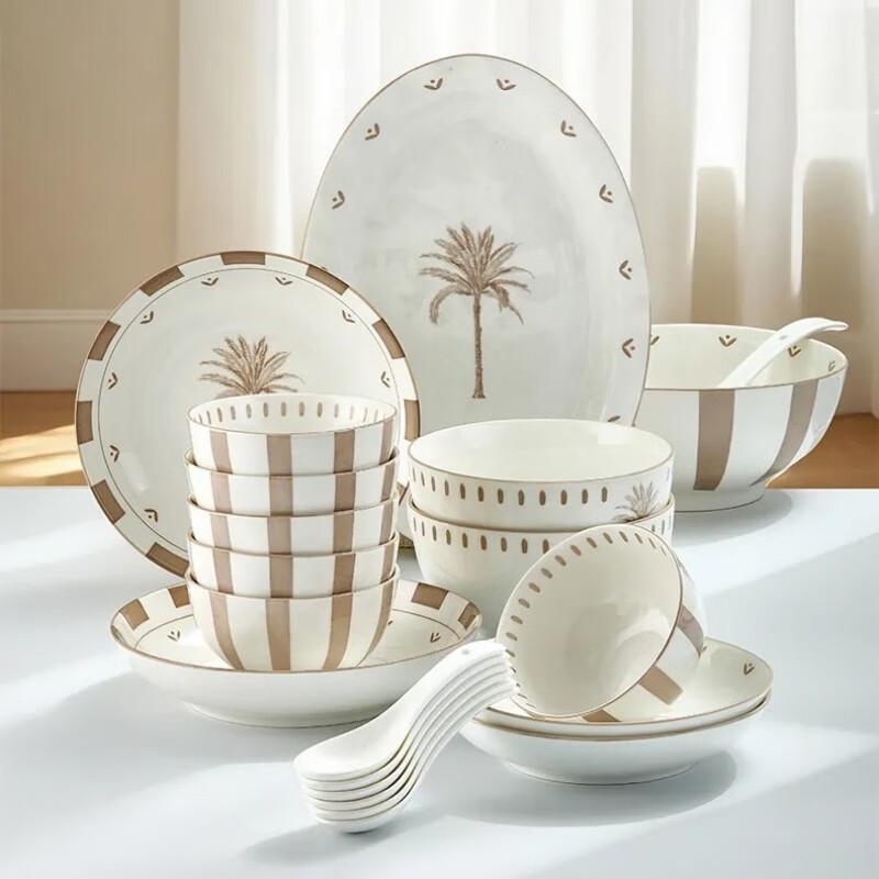 PHMI Shallow Shore Coconut Grove 21-Piece Ceramic Dinnerware Set