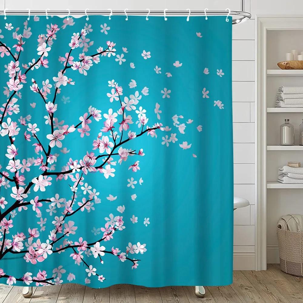 Pink Sakura Flowers Shower Curtains Japanese Cherry Blossoms Trees Floral Rustic Garden Landscape Fabric Print Bathroom Decor
