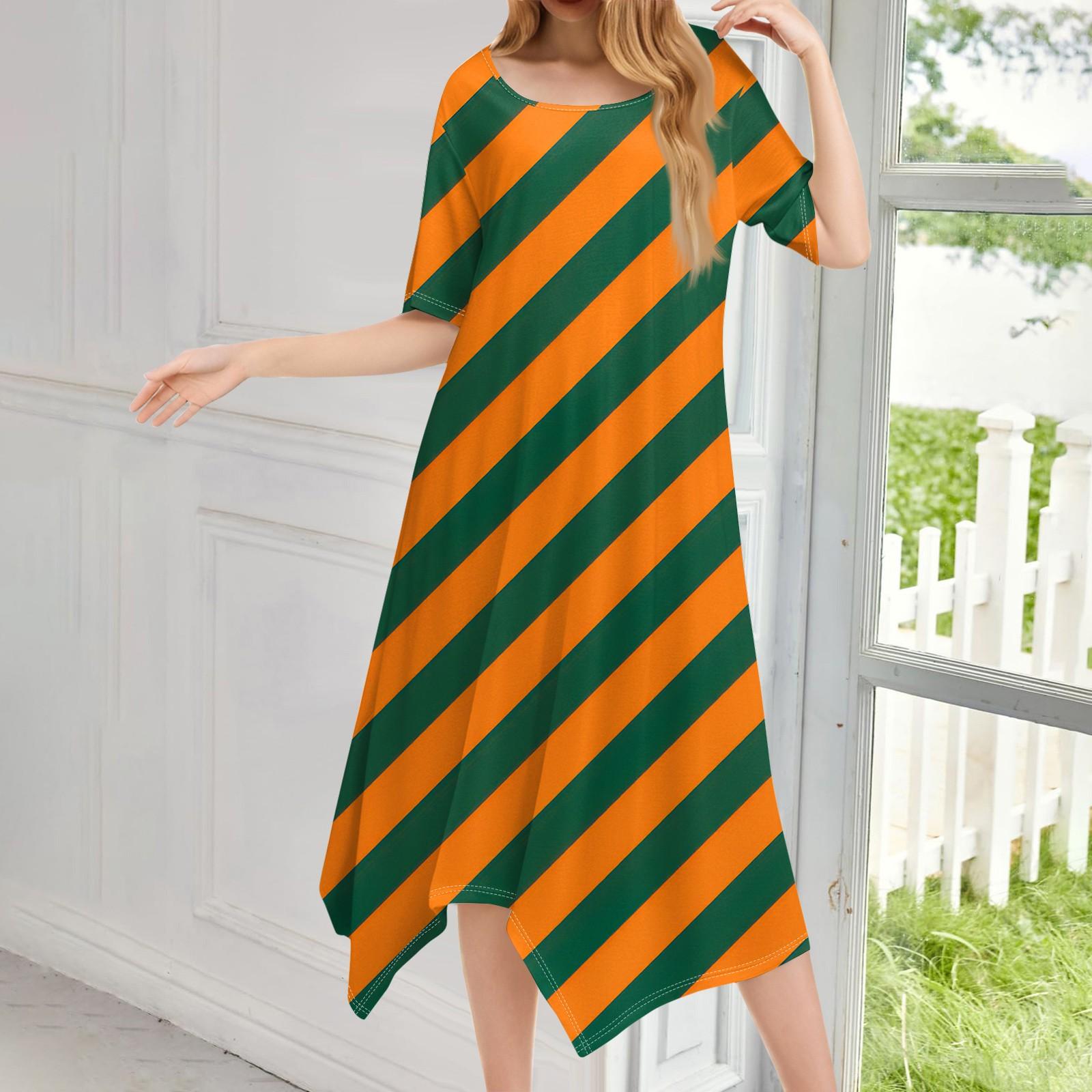 

Женское повседневное модное платье миди с круглым вырезом и коротким рукавом с принтом и неровным подолом S оранжевый