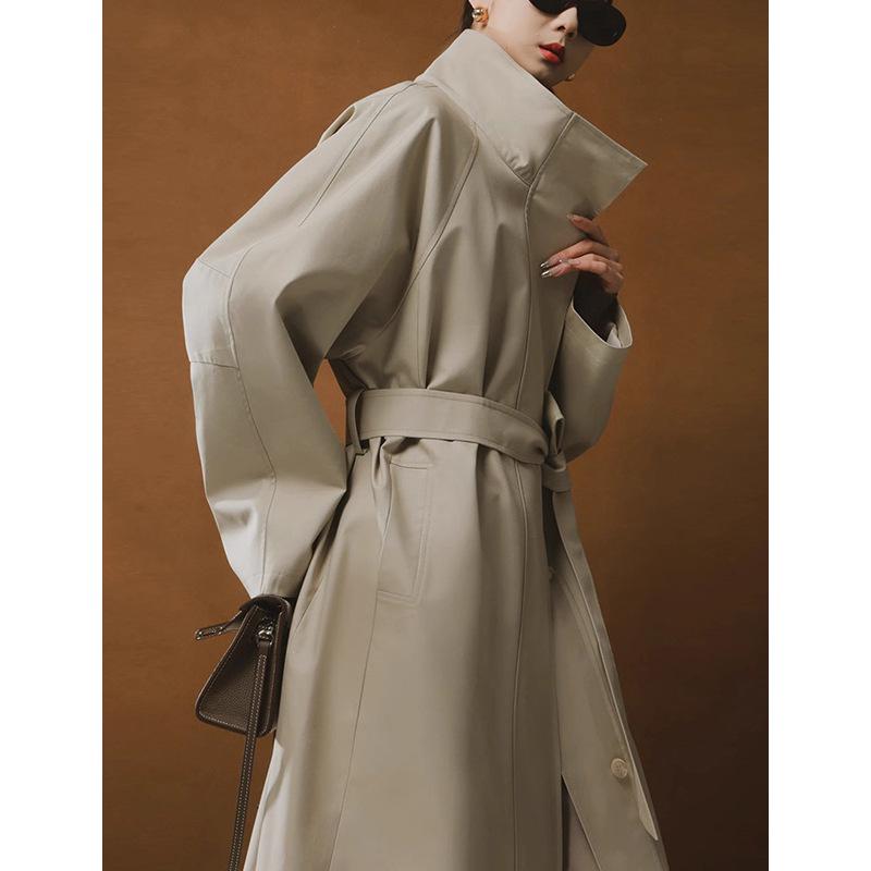 Rongtai Women's Tencel Drapey Trench Coat - Spring 2025 Collection, British Style with Tie-Waist and Stand Collar