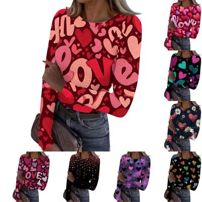 Women's Casual And Fashionable Round,neck Long,sleeved Ribbed Top With Valentine's Day Print.