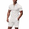 Men Waffle Turn Down Collar Polo Short Sleeve Shorts Casual Two Piece Set