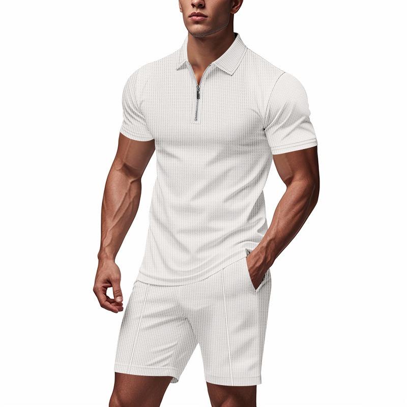 Men Waffle Turn Down Collar Polo Short Sleeve Shorts Casual Two Piece Set