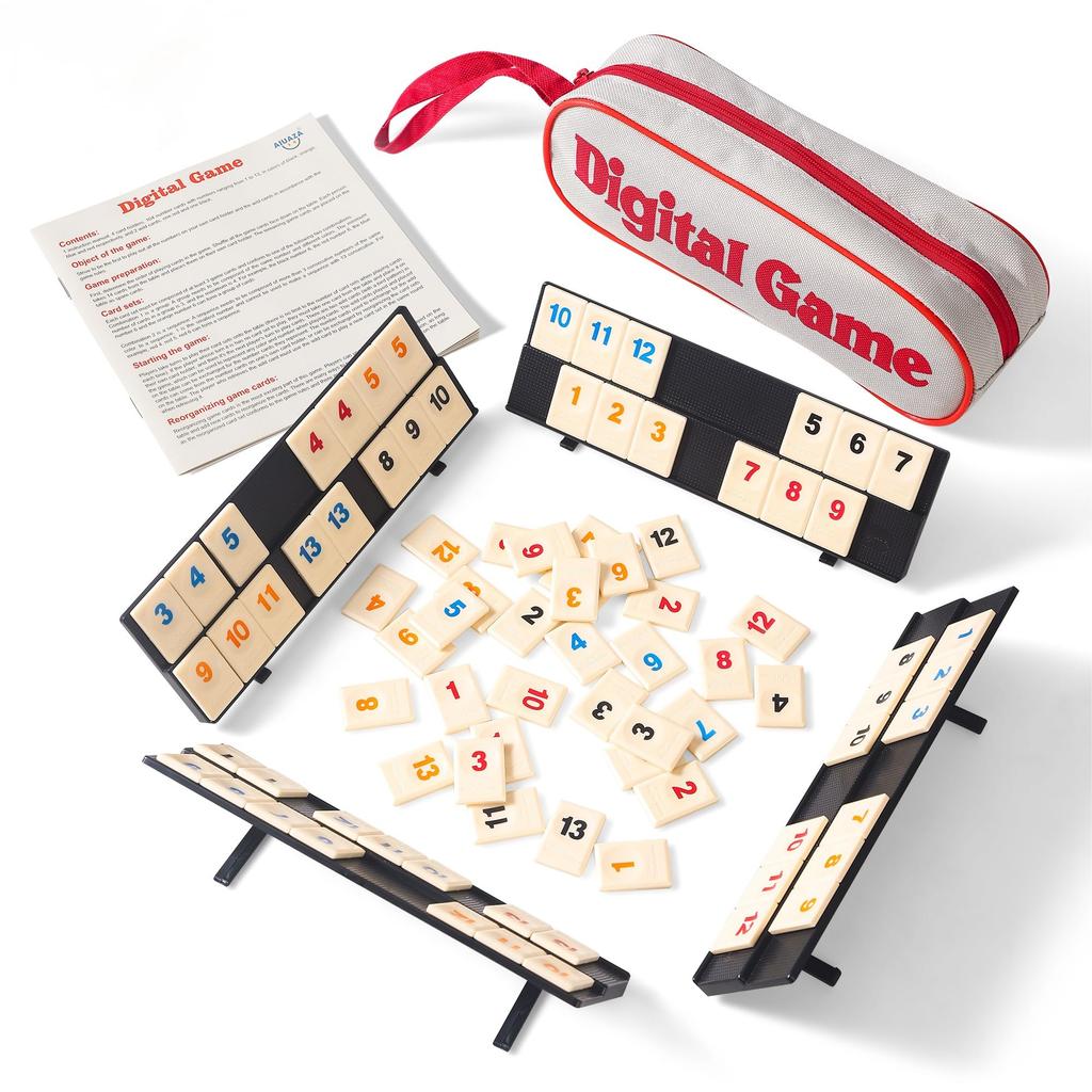 AIUAZA Player Rummikub Rummikub Game Portable Rummikub Travel Game 4 Tile Classic Player Board Includes Digital Mahjong Cards 2-4 Game, 106-Piece Set,