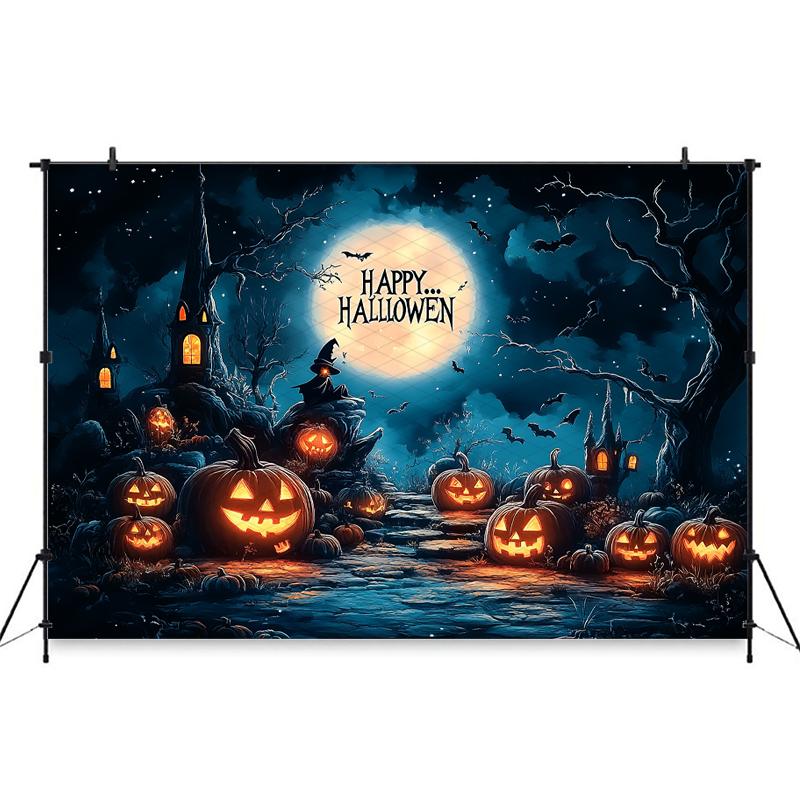 Mocsicka Happy Halloween Background For Photography Jack-O-Lanterns Party Backdrop Night Moon Bat Wizard Pumpkin Decor Photocall