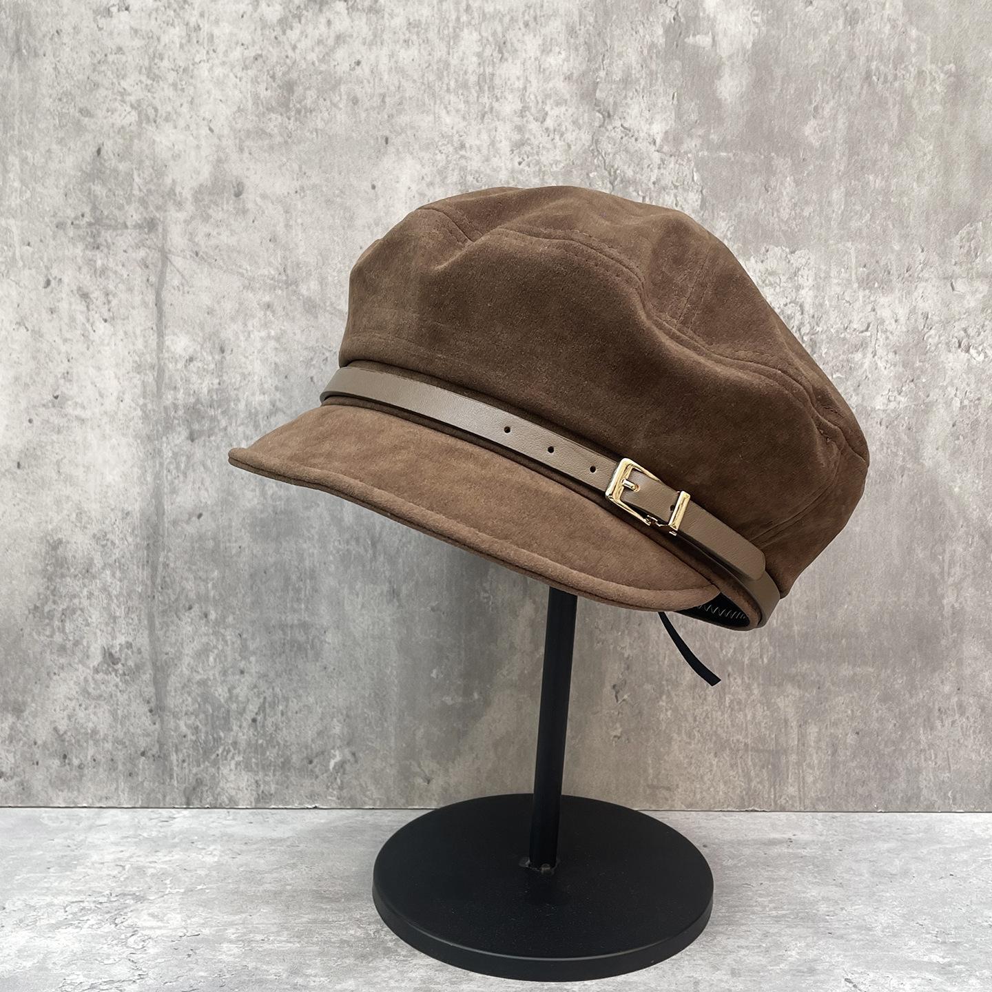 Charm Clothings Women's Brown/Beige Vintage Belt Decoration Suede Newsboy Hat Painter Hat Versatile Face Ducktongue Octagonal Hat 56-58Cm