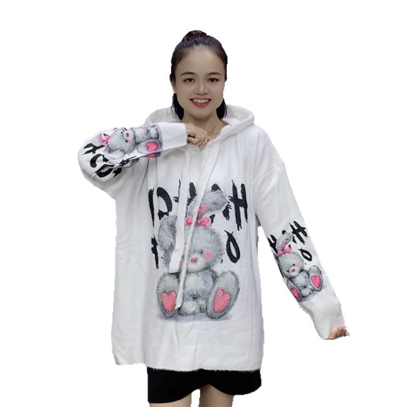 2025 Autumn/Winter Rhinestone Rabbit Cartoon Hoodie for Women - Loose Fit with Letter Detail