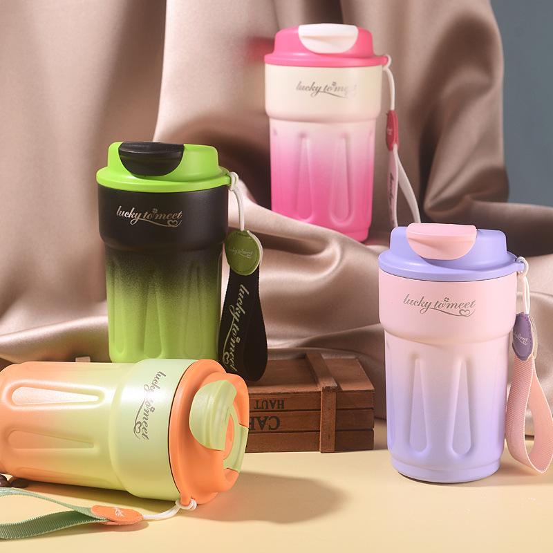 420ml Gradient 316 Stainless Steel Coffee Tumbler, Flip Lid Insulated Travel Mug with Carry Lanyard for Car Office Commute