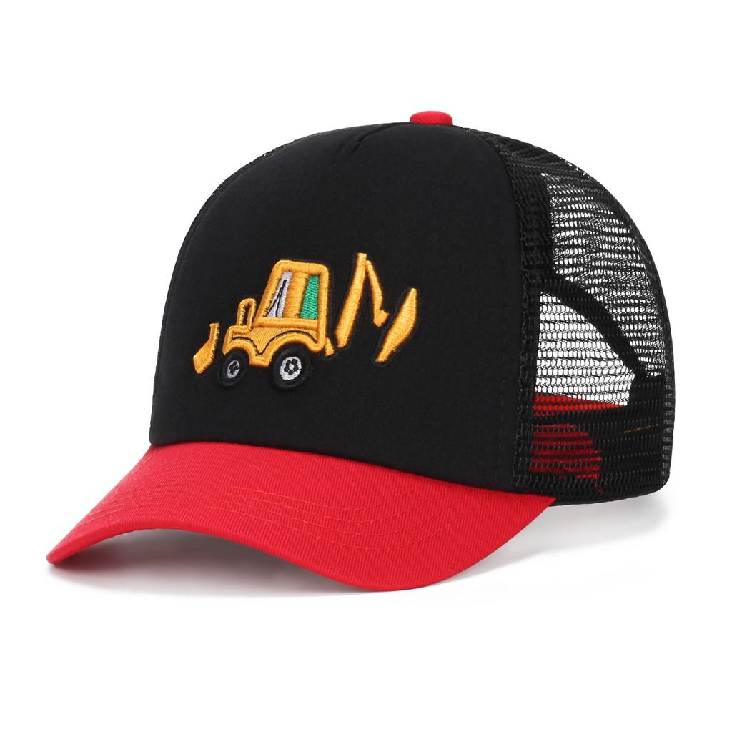 Children's Baseball Cap Cross-Border Hot Sale Cartoon Excavator Embroidery Pattern Mesh 100% Polyester 6-Panel Unisex Curved Cap