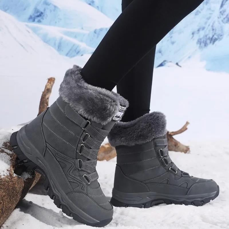 Plush Mid-top Winter Boots Women Warm Cotton Shoes Anti-slip Rubber Sole Outdoor Sneakers Plush Waterproof Ladies Hiking Footwear