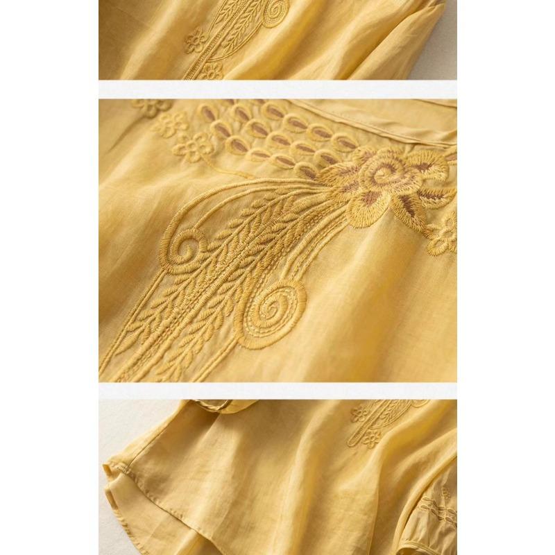 Women Summer Embroidered Round Neck Linen Cotton Blouse