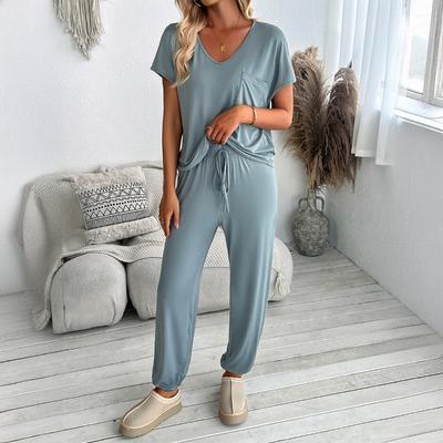 Women's Spring and Autumn Two-piece Casual V-neck Top Drawstring Trousers Suit
