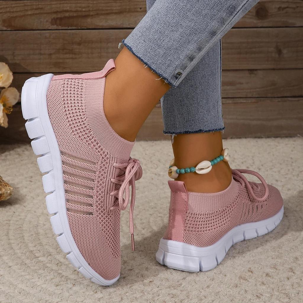 Fashion New Women Casual Flats Ladies Sport Shoes Woman Slip on Lace-Up Shoes All Color Chunky Sole Fashion Fly Knitting Mesh Shoes