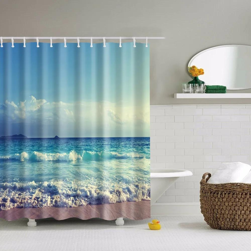 Küstenlandschaft Strand Muscheln Duschvorhänge Seestern Schneckenhaus Blaues Brett Palmen Sonnenuntergang Naturlandschaft Badezimmervorhang Dekor