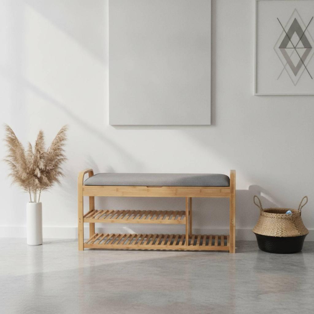 Shoe Bench with Padded Bamboo Storage Sturdy for Mudroom
