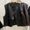 European Chic PU Leather Round Neck Single-Breasted Vest - Women's Spring/Fall Sleeveless Jacket