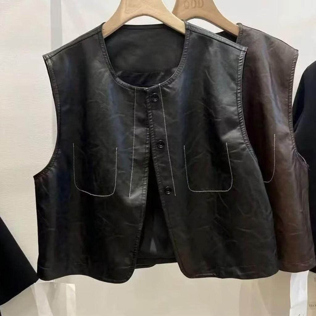 European Chic PU Leather Round Neck Single-Breasted Vest - Women's Spring/Fall Sleeveless Jacket