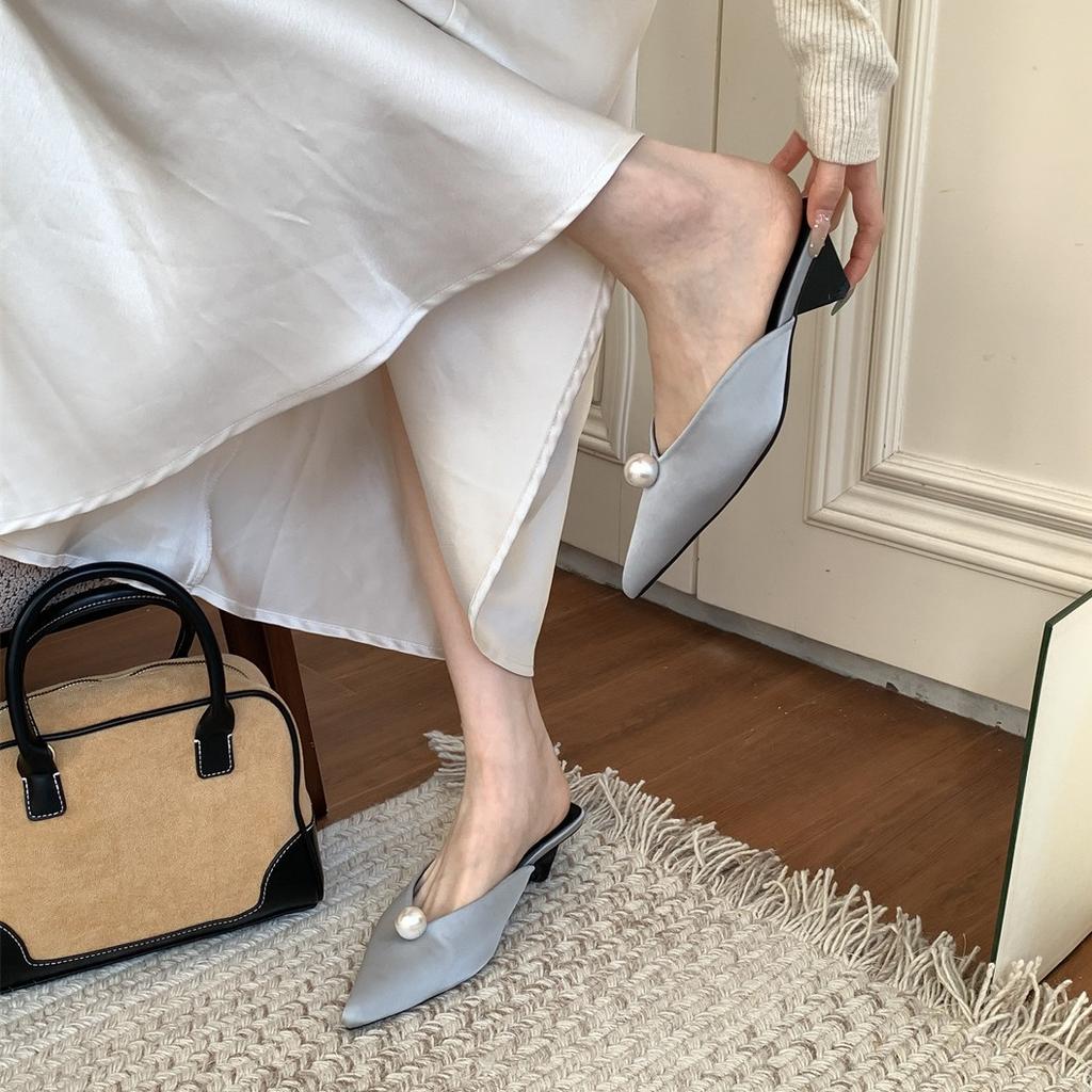 French Pointed Single Shoes Women's 2025 Spring New Bag Head Cool Slippers Empty Thick Heels Women's Shoes Soft Soles Are Not Tired