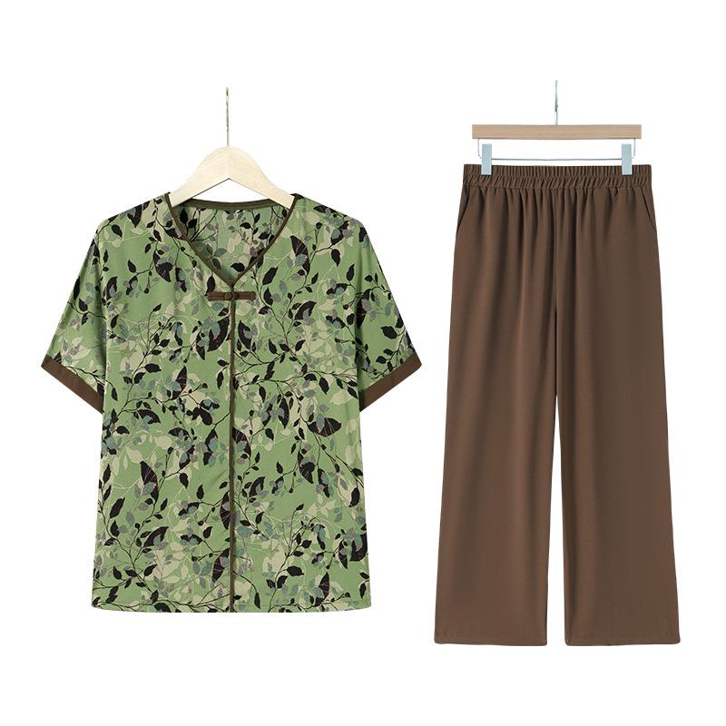 Summer Two-Piece Clothing Set for Senior Women: Short-Sleeve Top and Wide-Leg Pants