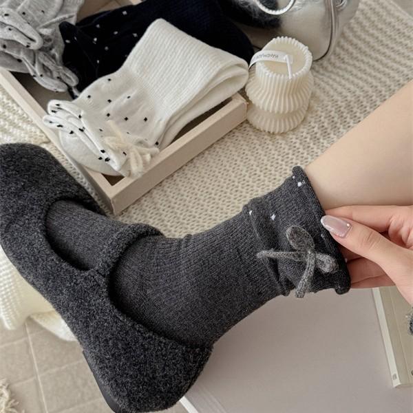 Flower Field Rabbit Warm Cloud Velvet Warm Sleeping Socks Polka Dots Heel Bow Stacking Socks Soft Medium Tube Socks