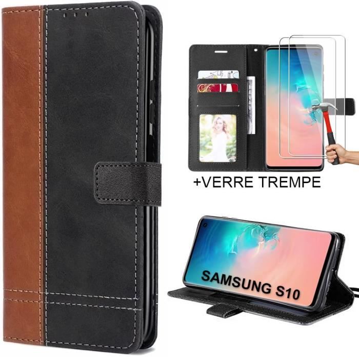 Coque pour Samsung Galaxy S10 Effet Cuir Marron Bicolore + 2 Verres Trempés Anti-Rayures