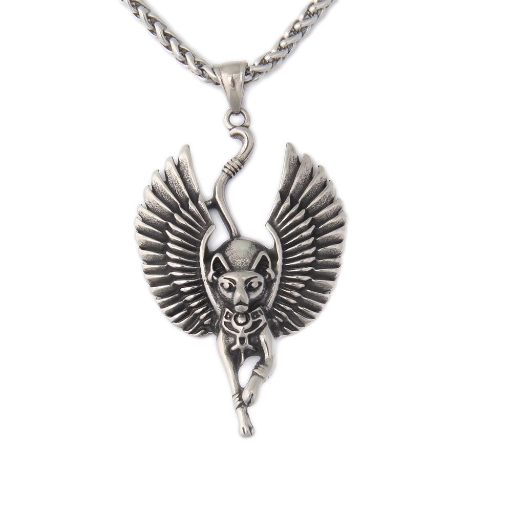 Egyptian Goddess Cat Bastet Necklace Stainless Steel Ancient Egypt Necklace Protection Amulet for Men and Women