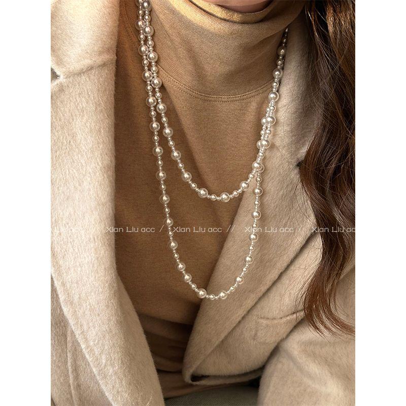 

Shijia Perfect Circle Australian White Long Twin Pearl Necklace Necklace Women s Accessible Luxury Fancy Beaded Sweater Chain Ornament Size interval pearl necklace -120cm