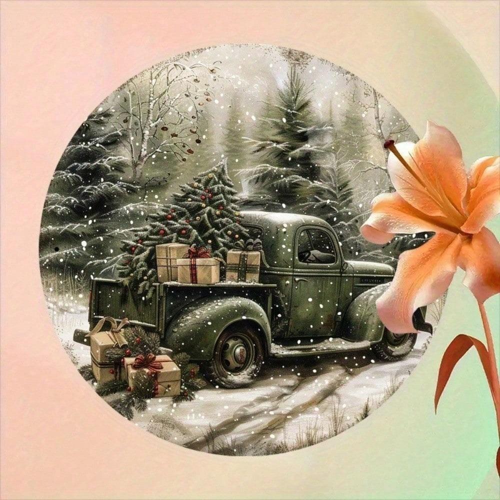 Vintage Metal Tin Sign Green Truck Christmas 8x8 Inch Rustic Wall Decor Farmhouse Retro Art Holiday Gift