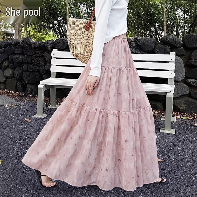 Women s Elastic Waist Floral Print Long Skirt L