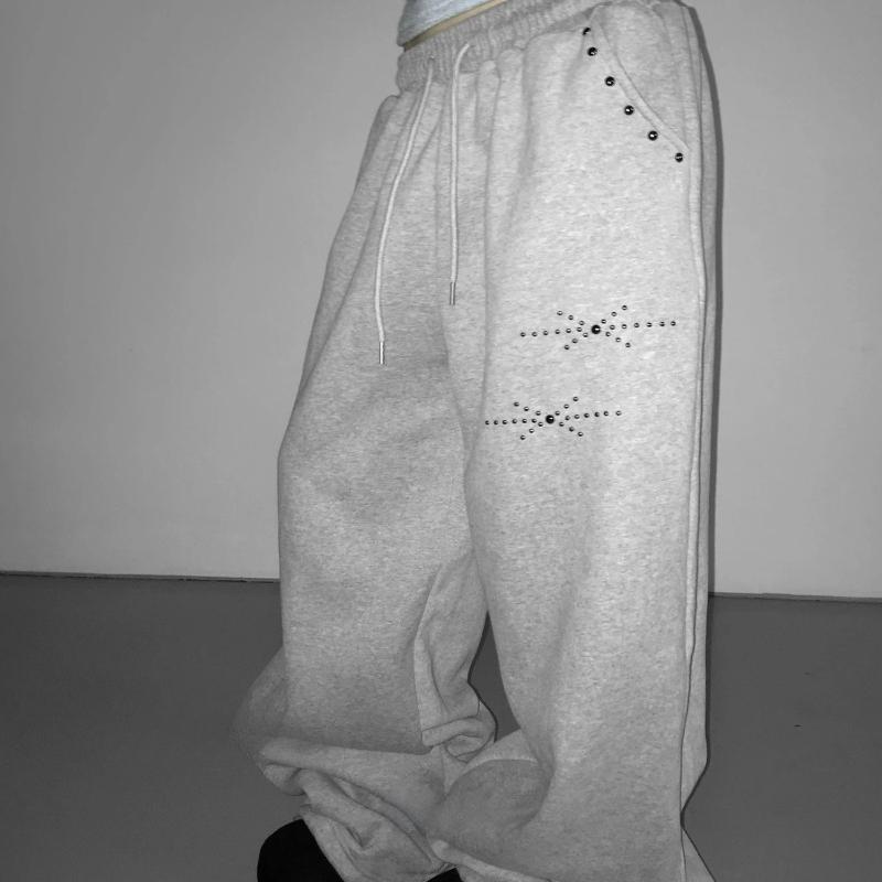 Retro Street Nieten Elastischer Bund Weiter Bein Herren und Damen Locker Schlank Lässige Hosen