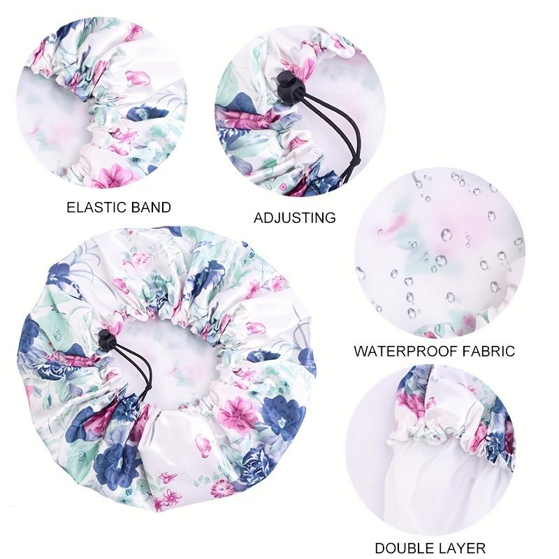 1pc Men and Women Double Layer Waterproof Shower Cap Floral Print Adjustable Double-Layer Elastic Hair Cap Bathing Accessory