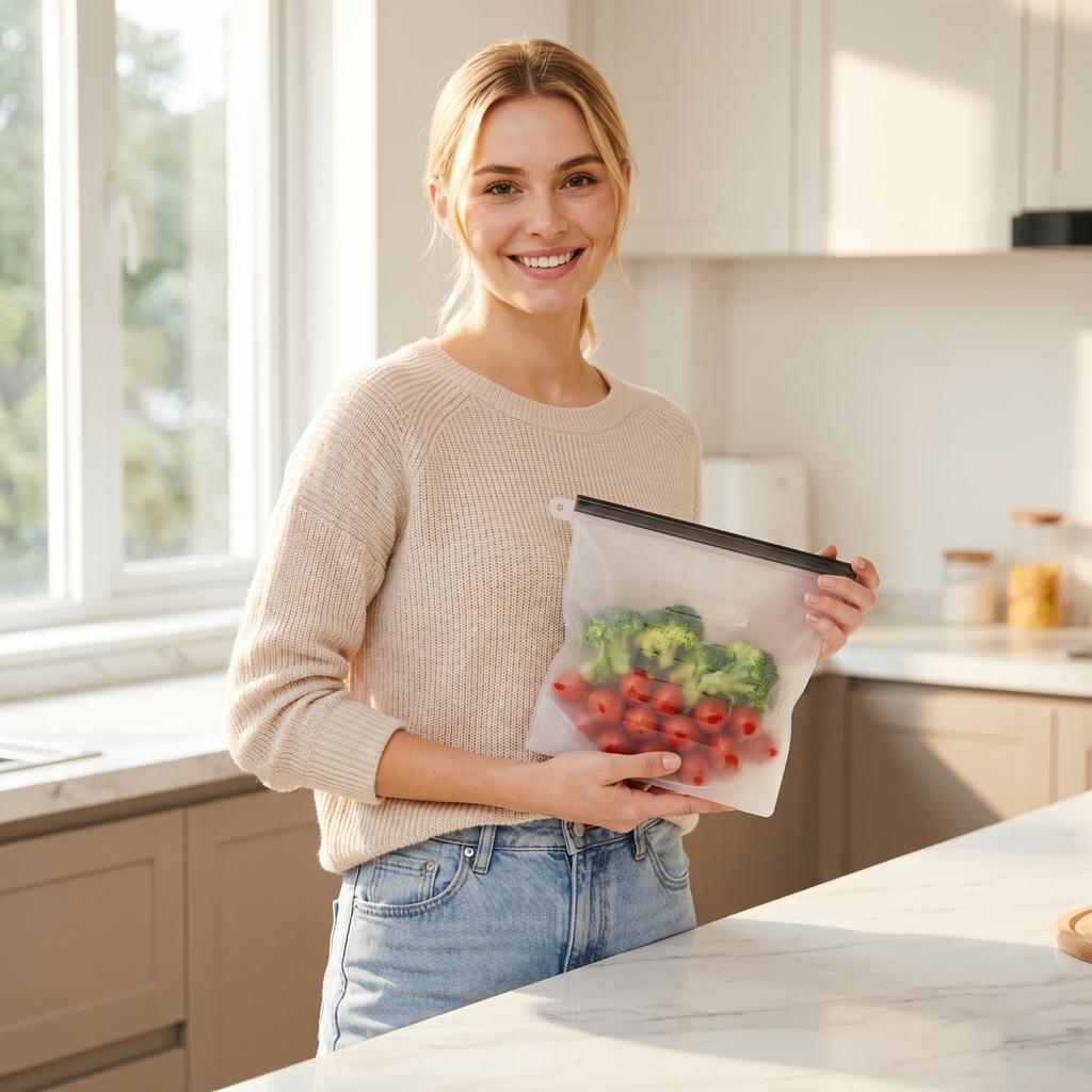 Reusable Silicone Food Storage Bags with Slider for Vegetables And, Medium Size Fridge Bags