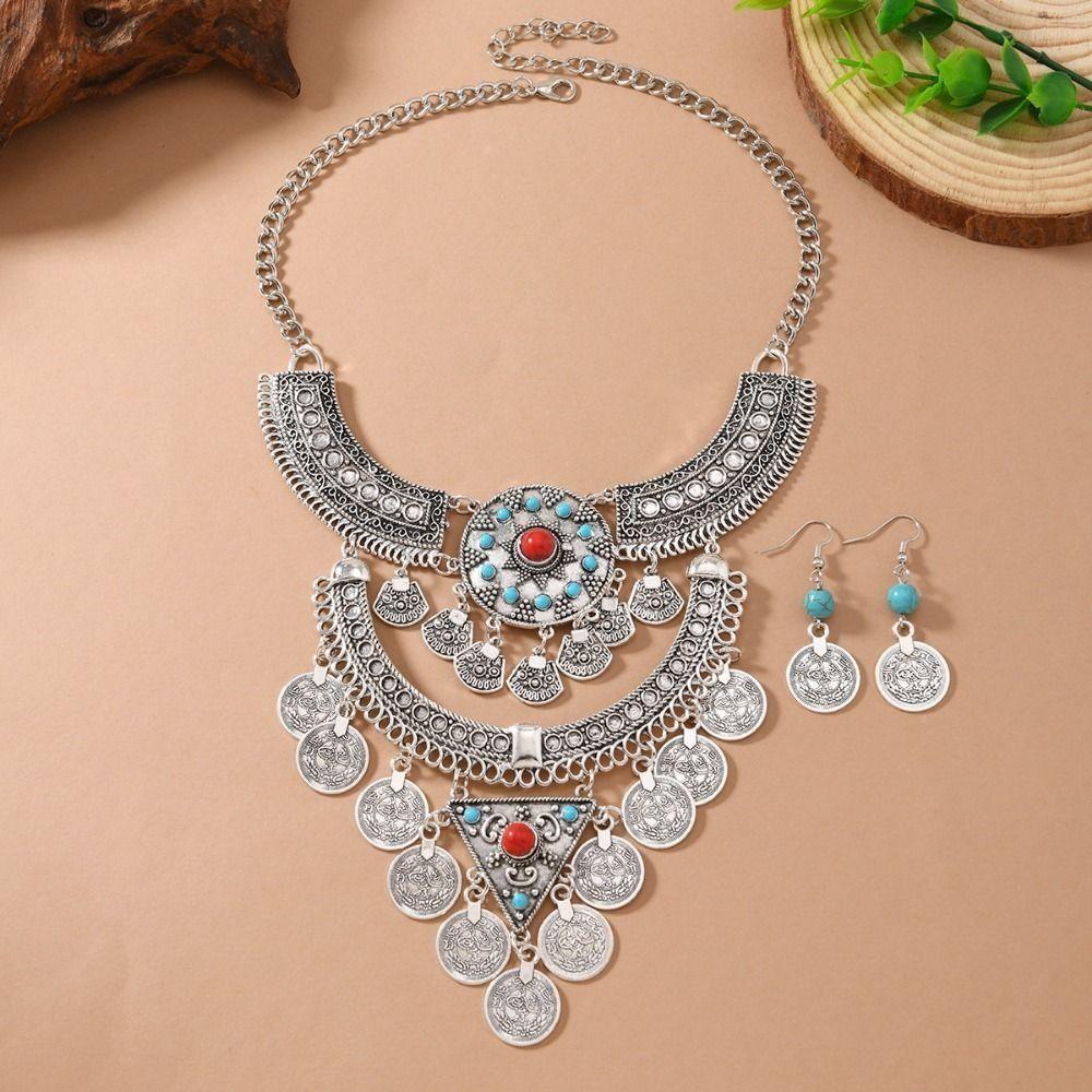 Exquisite Turquoise Tassel Necklace Earrings Exaggerated Neck Jewelry  Women