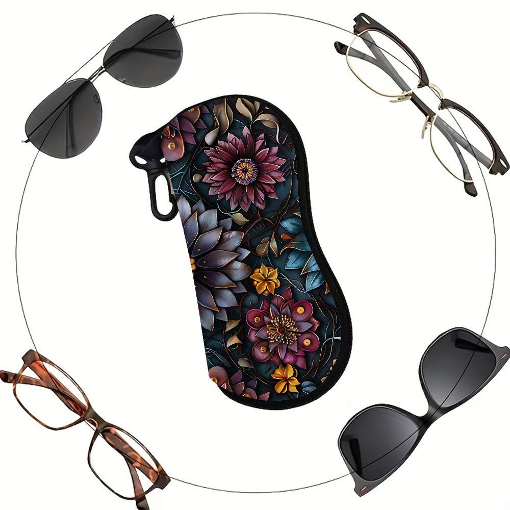 2D-Boho Floral Pattern Protective Eyewear Holder, Vintage Botanical Sunglasses Case, Zipper Eyeglasses Pouch, Lightweight Zipper Travel Accessory for