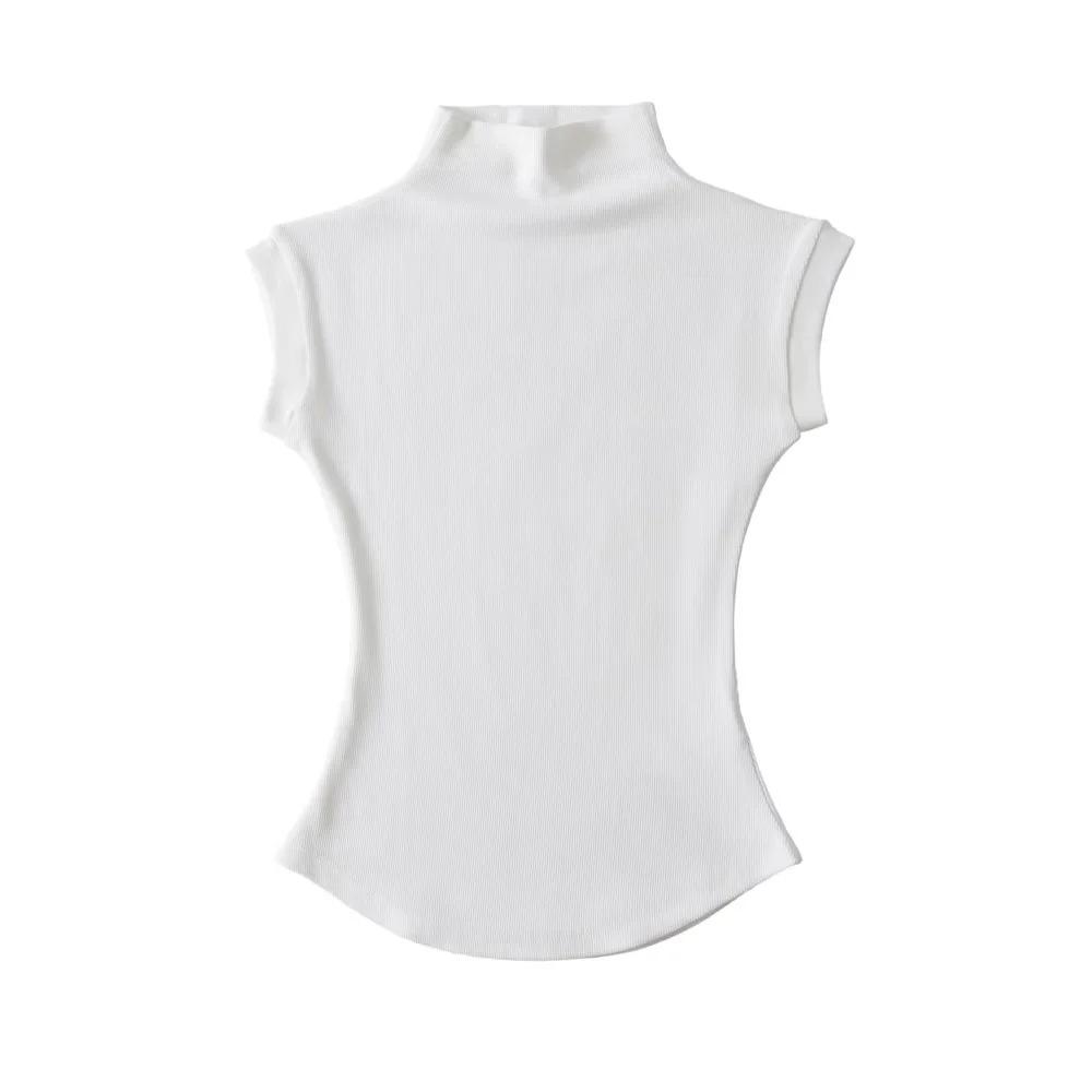 2025 Summer Women's Sleeveless Half-High Neck Fitted Vest with Curved Hem