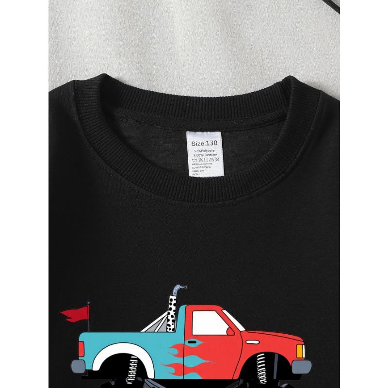 European Sizes Monster Truck Red Blue Flame Girls' Crew Neck Sweatshirt, Western Top, Long Sleeved, Casual for Little Girls.